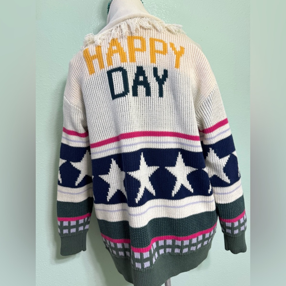 Peace Love World  ‘Happy Day’  Sweater - White, Yellow, Navy Blue. SIZE SMALL